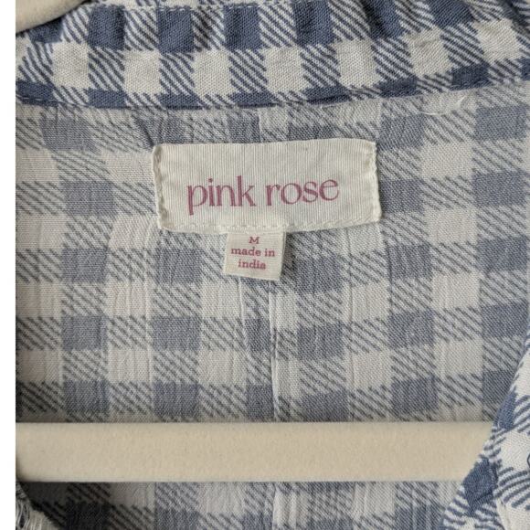 Pink Rose‎ Blouse Womens Small Blue White Gingham Check Plaid Tie Front Button - Picture 2 of 7